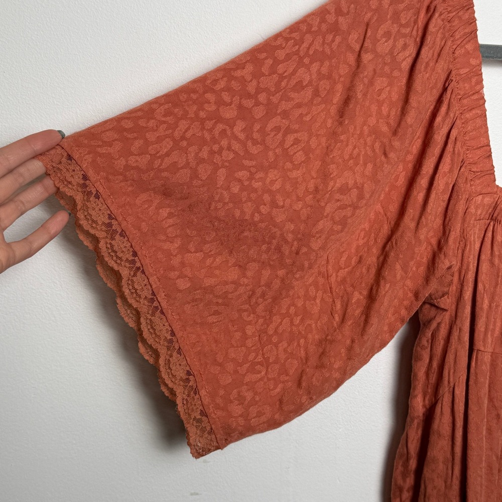 Wild Moss Baby Doll Orange Tiered Square Neck Lace Trim Flowy Sleeve Mini Dress - Picture 3 of 7